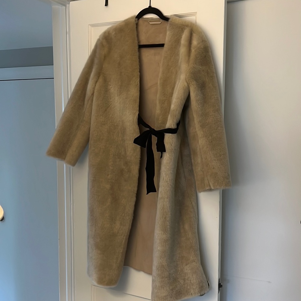 Tan Faux Fur Coat with Black Grosgrain Ribbon Tie- SMALL